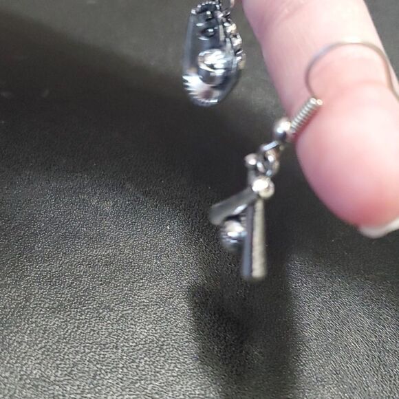 Silver tone baseball themed dangling earrings - Picture 10 of 10